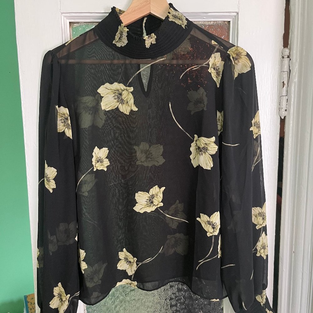 Bar III Sheer Floral Top with Mockneck— Like New!